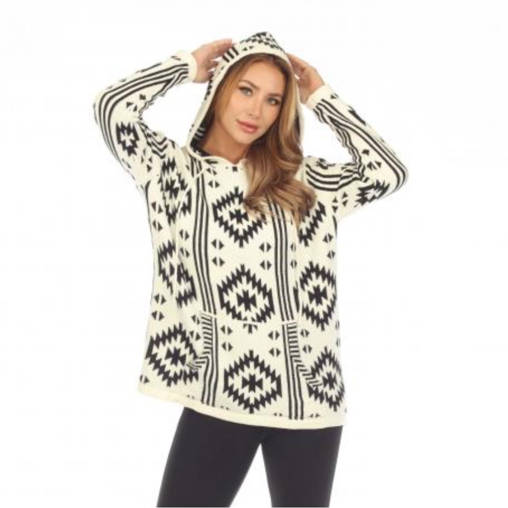 Women's Black and White Patterned Hooded Sweater